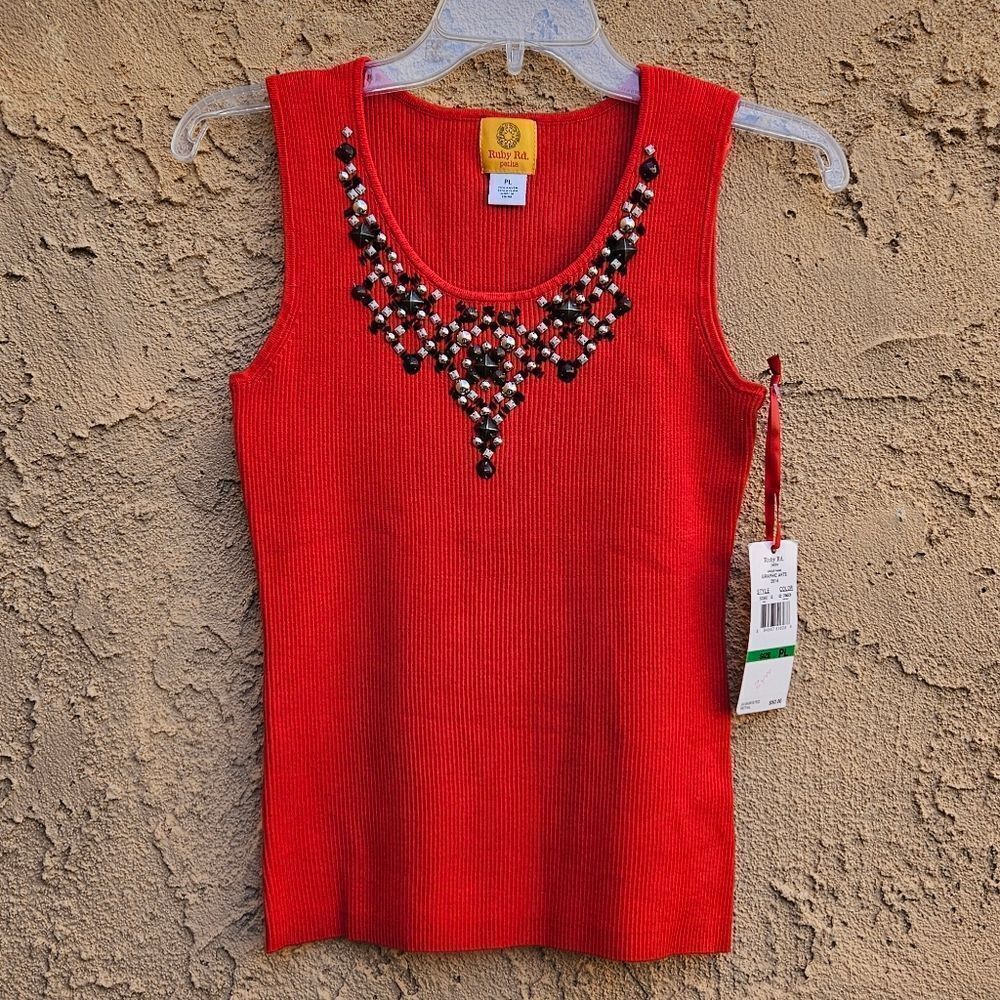 Ruby Rd Red Beaded Ribbed Tank Top Size L